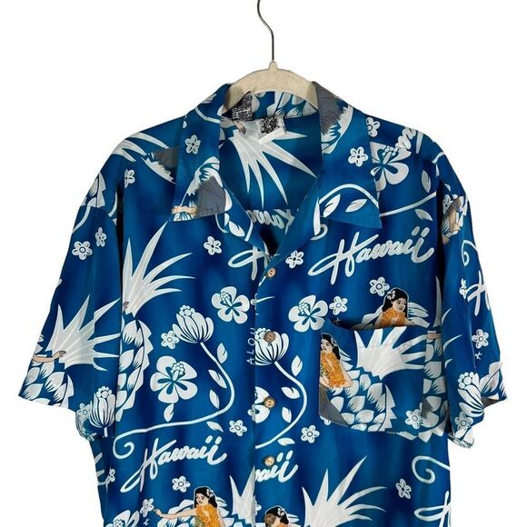 Vintage Kennington Blue Hawaiian Hula Girl’s Men’s Button Down Shirt - Picture 4 of 7